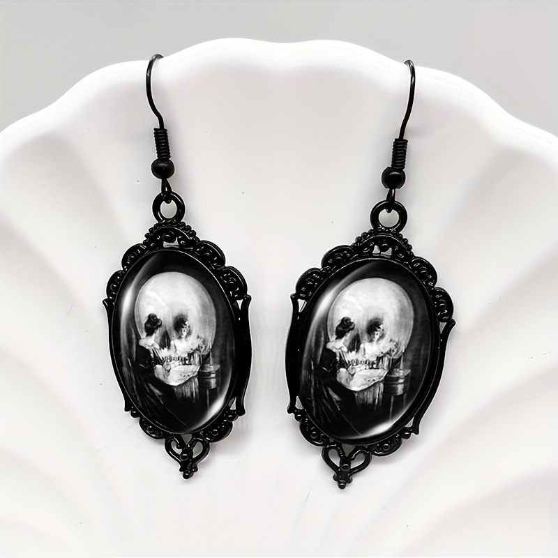 TEMU Funky Black Lace Skull Illusion Glass Drop Earrings - Fashion Statement Jewelry, Alloy & Iron