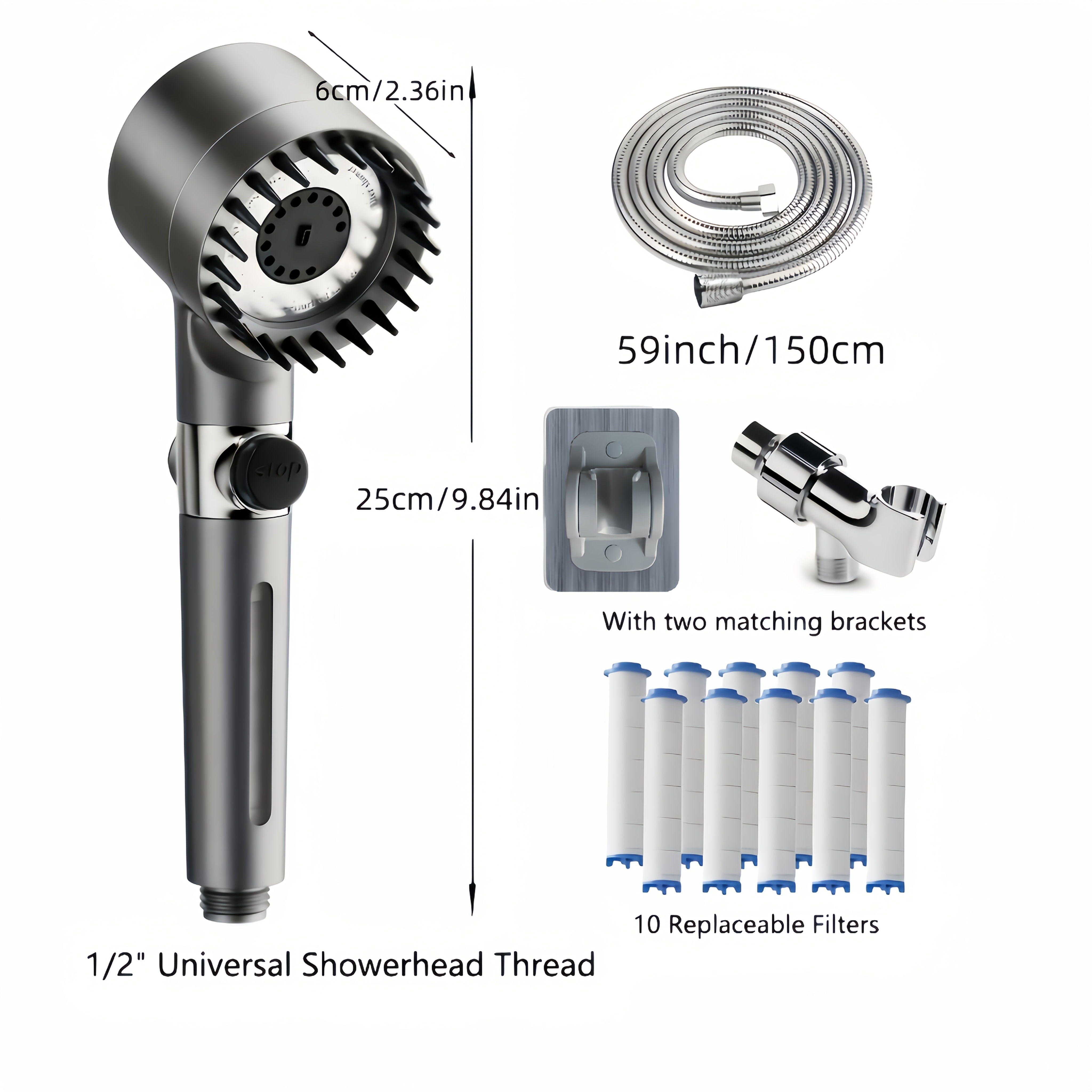 High Pressure Handheld Shower Head With Filter - Removes Hard Water Minerals, 3 Spray , 10 Replaceable Filters, 59-inch Hose, No Drill Wall Mount (2 Brackets)