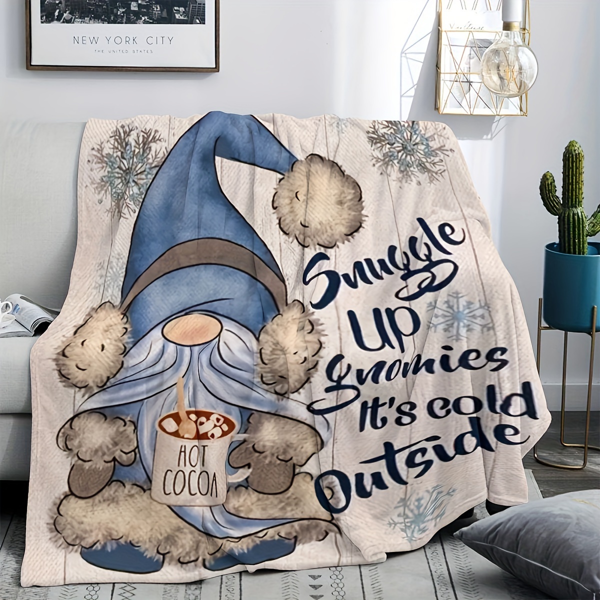 

1pc Blue Gnome Printed Blanket, Office Home Shawl Leg Cover Multi-purpose Flannel Warm Blanket