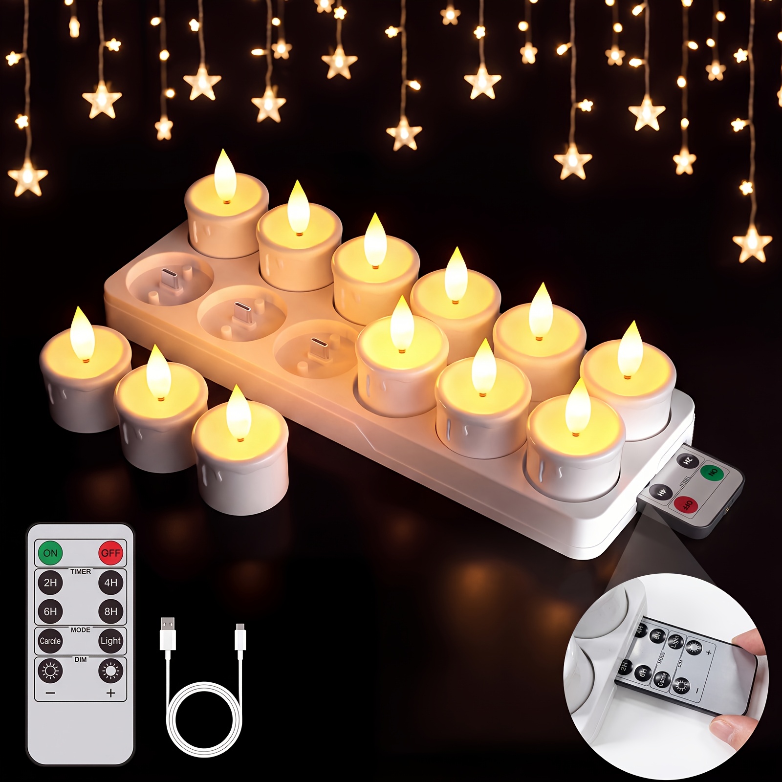TEMU 12 Pack Flameless Led Tea Lights With Wax Shape, Rechargeable Electronic Candles With Charging Base That Stores Remote Control, Remote Timing