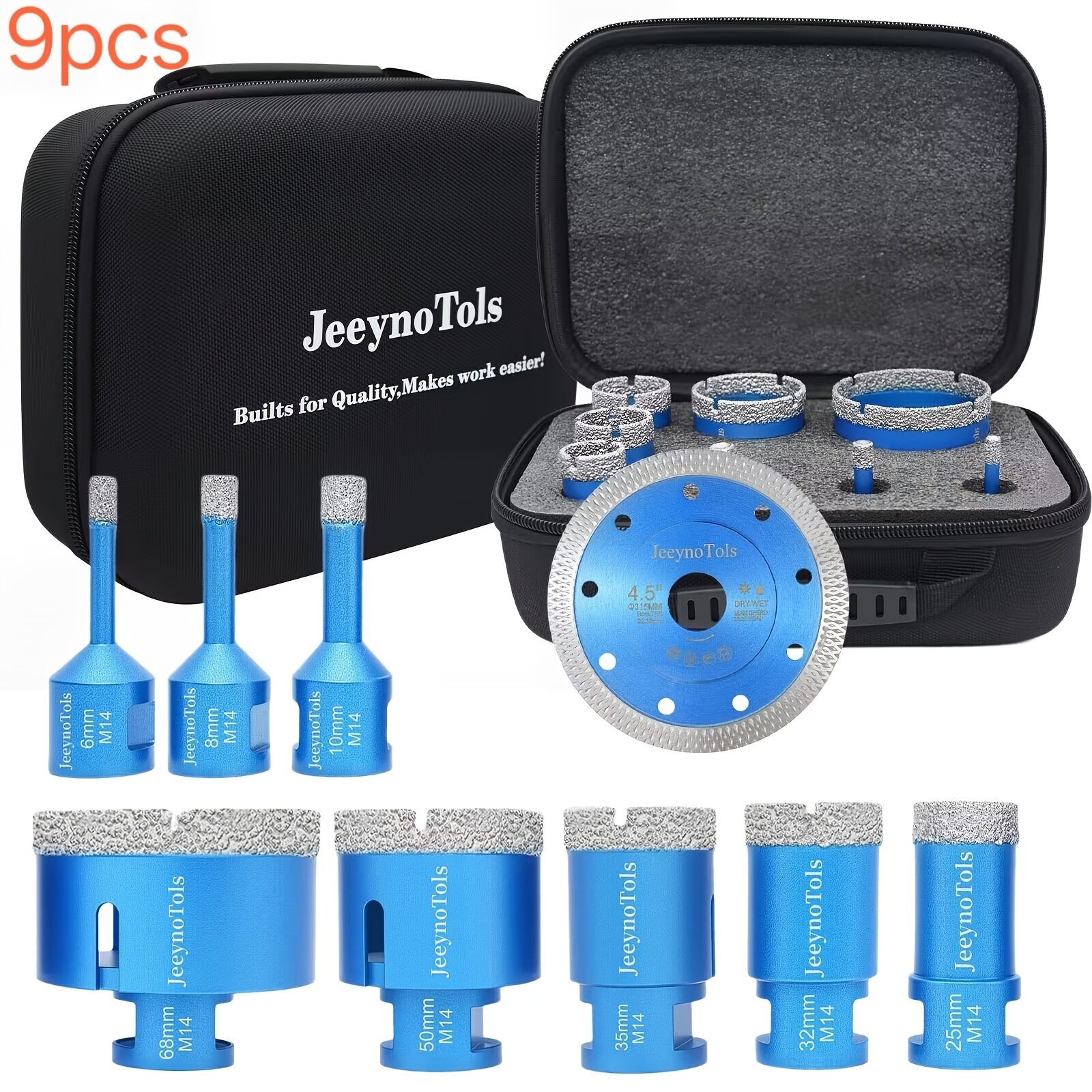TEMU 9 Pezzi Kit Strumenti per Piastrelle Premium: a Diamante Durevoli 6/8/10/25/32/35/50/68mm (Multi-Misure) + Disco Diamantato 115mm + Adattatore