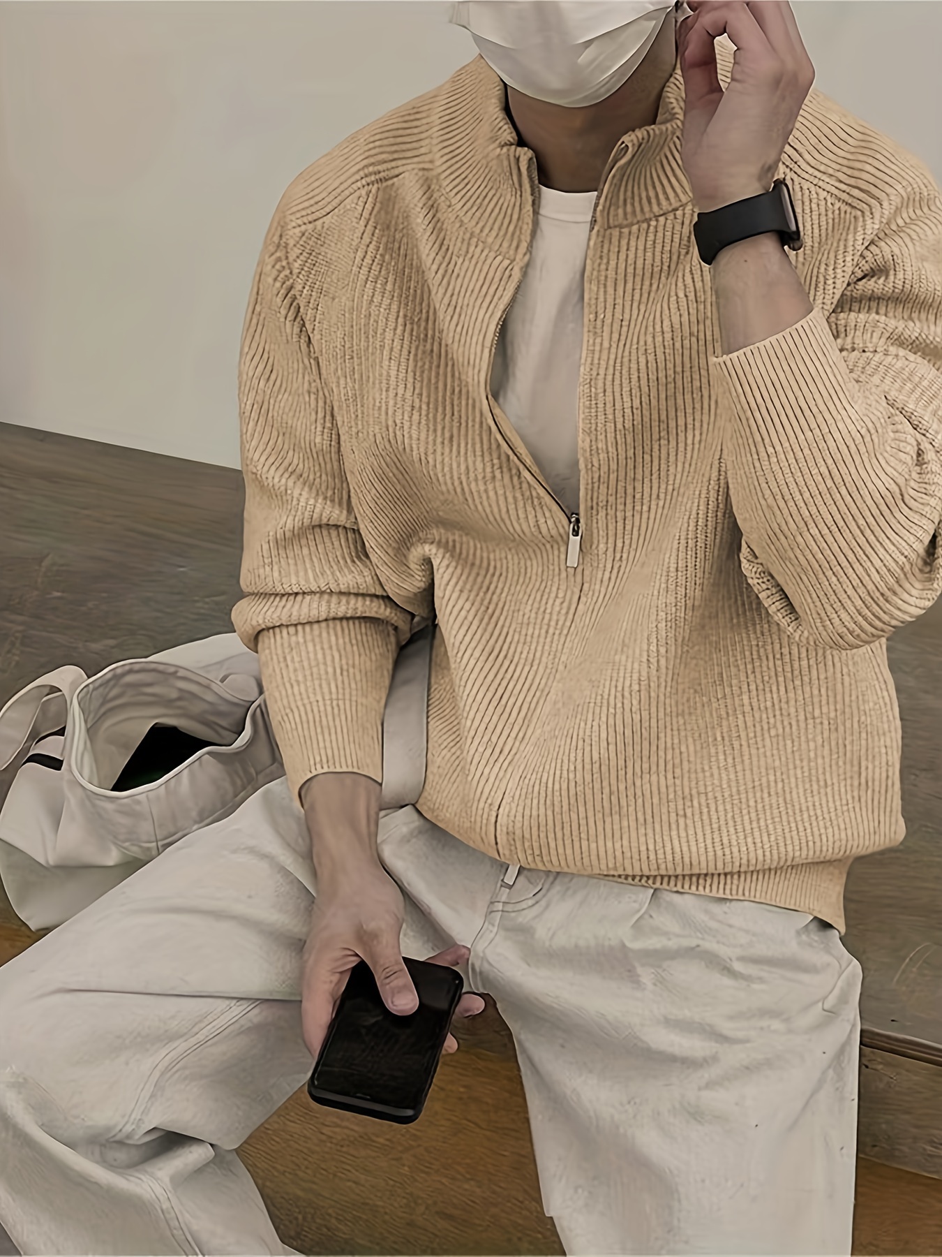 men's full zip high neck sweater machine washable casual Temu