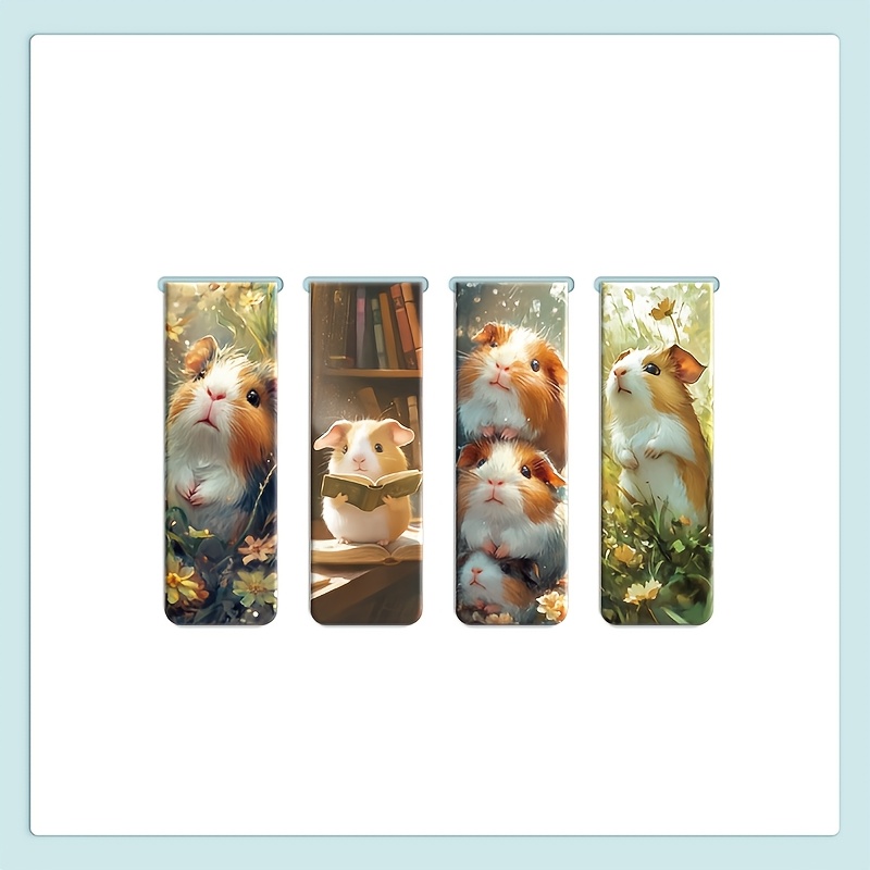 Image of 4pcs Adorable Guinea Pig Magnetic Bookmarks | Vibrant, Cardboard | Cute Animal Designs With Floral & Bookshelf Backgrounds | Ideal Gifts For Readers, Librarians, And , Book Lover Gifts