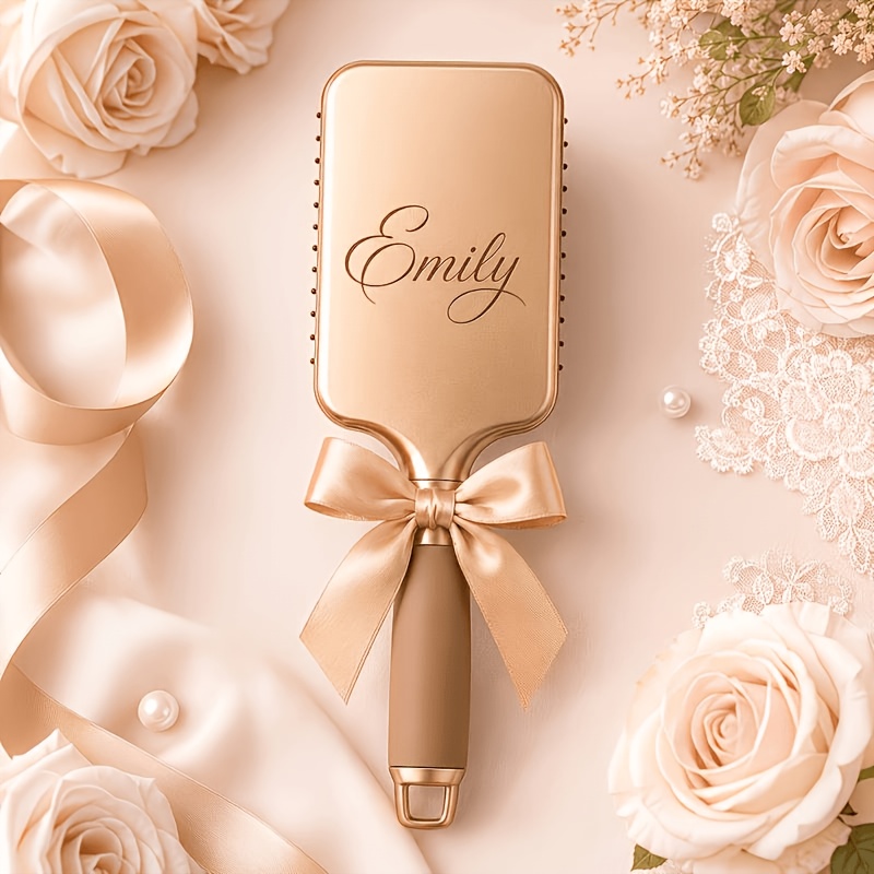 TEMU [personalized Customization] Single-piece Rectangular Champagne Golden Cushion Massage Hairbrush, Light Luxury And Gentle , Anti-static Hair
