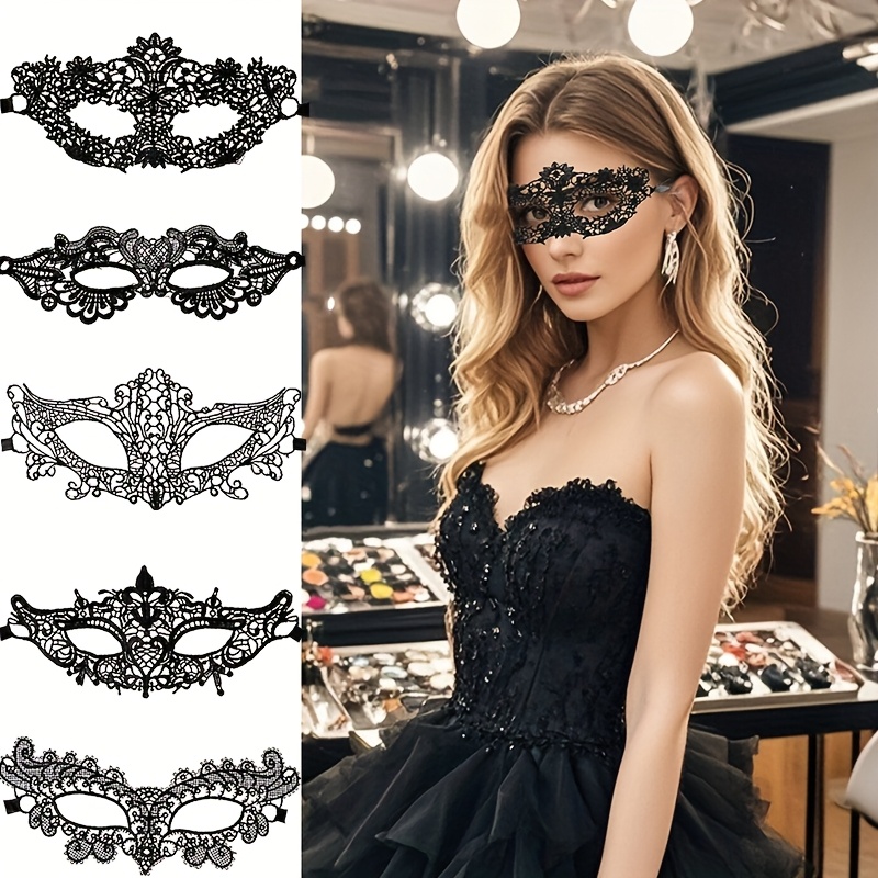 5pcs Black Solid Color Sexy Lace Eye Mask Venetian Makeup Masquerade Masks Suitable for Carnival and Party Attire