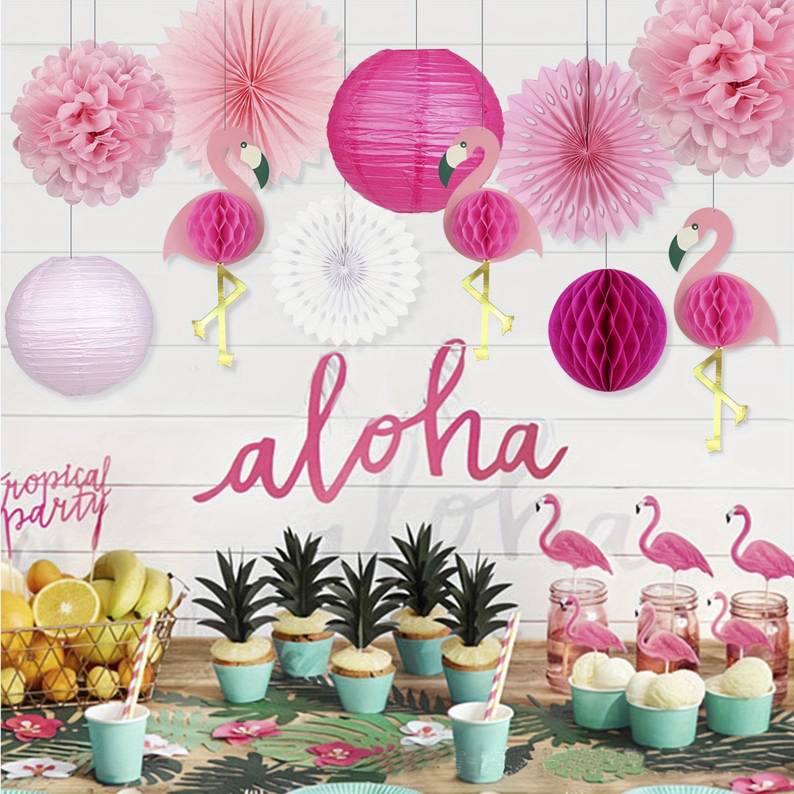 

Tropical Pink Flamingo Party Piece - Includes Pom Poms, Honeycomb Balls, Paper Flowers, Tissue Fans & Lanterns For Hawaiian Luau, Summer Beach Bachelorette & Birthday Celebrations