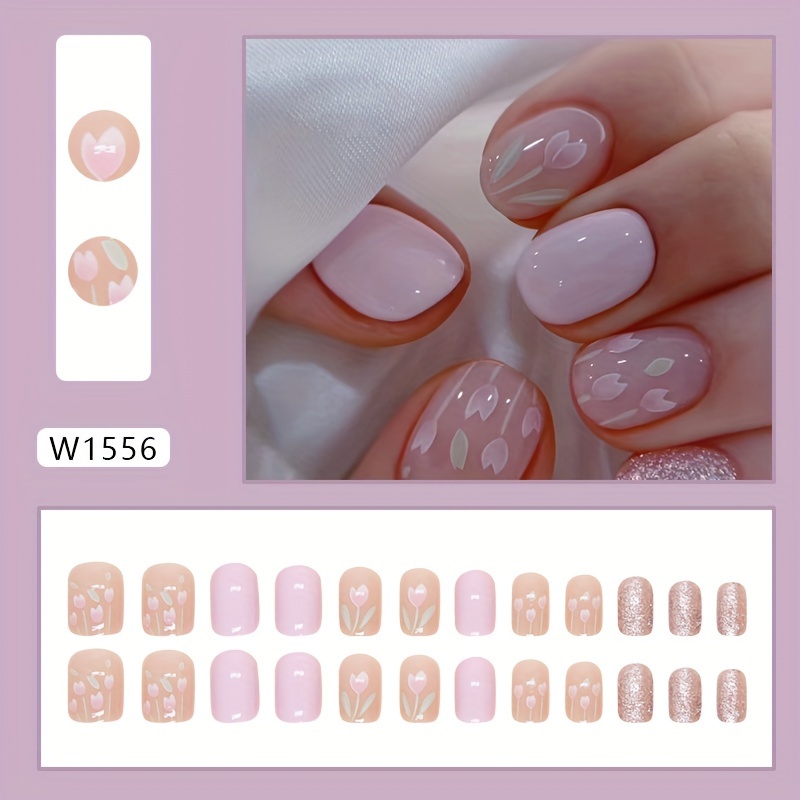 Pink Nail Tips Daisy Glitter Removable Short Style 24pcs Set
