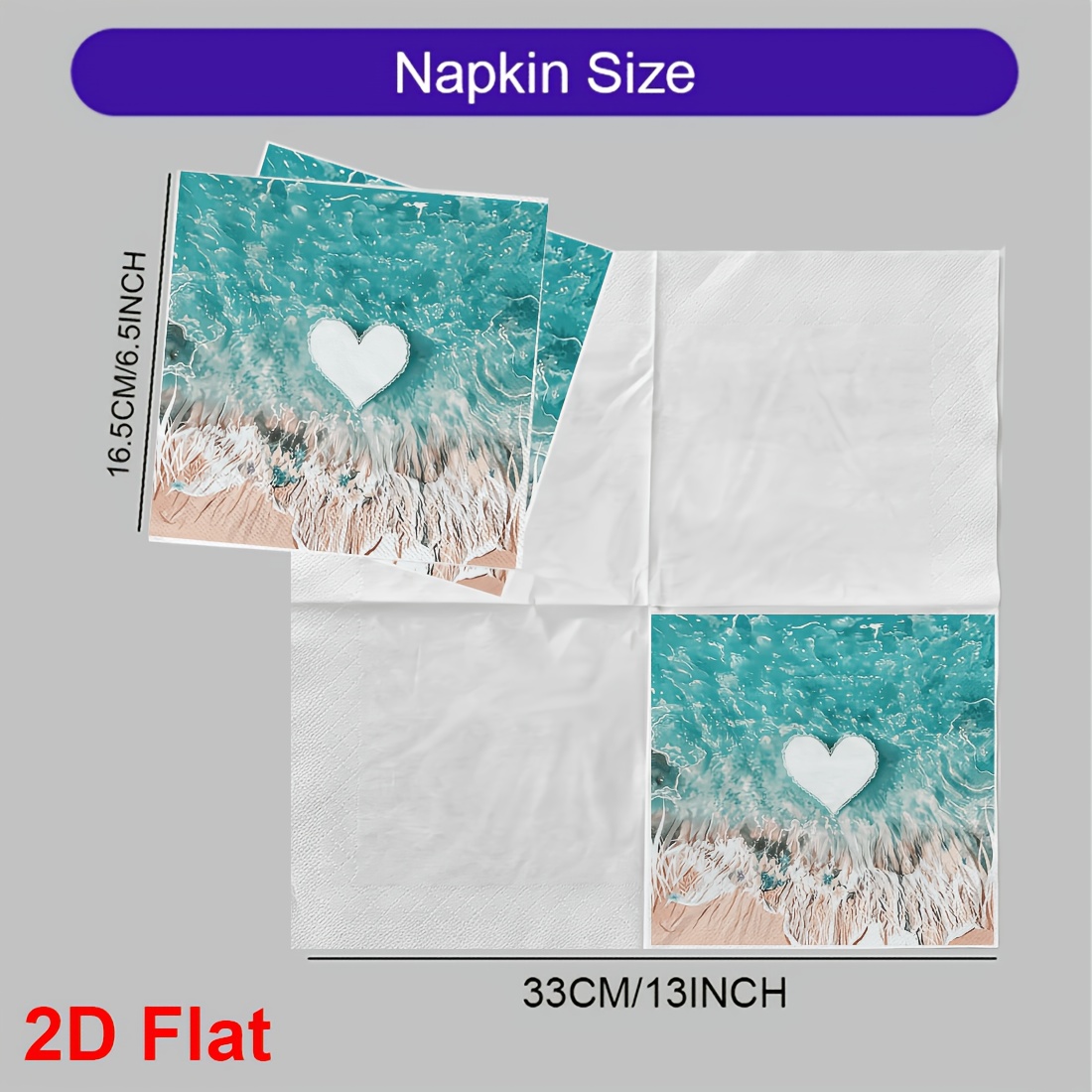 TEMU Lot de 20 serviettes en papier 2D à plat, motif cœur avec scène de plage , de l'océan turquoise élégantes avec rivage floral, parfaites pour les