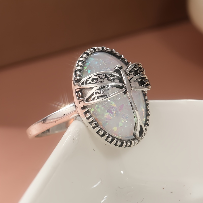 Dragonfly Ring Vintage Silver Plated for Women with Opal