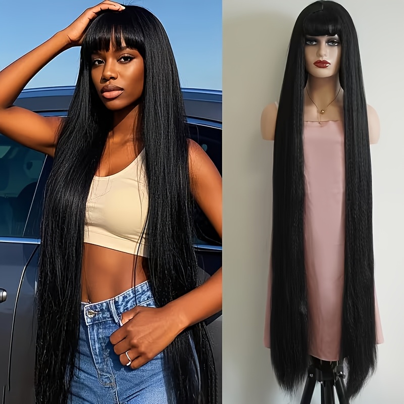 Looking Human Hair Wig 200% Density With Full Fringe Bangs For Straight Hair For Daily Wear, For Holiday Parties, For Halloween & Christmas Events