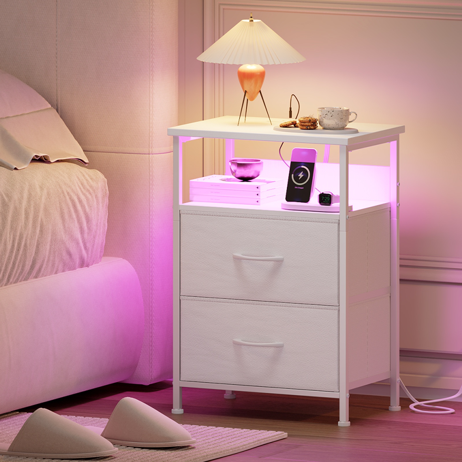 TEMU EUNOS Table de chevet avec station de charge et lumières LED pour chambre à coucher, petit commode avec poubelle en tissu pour chevet, dortoir,