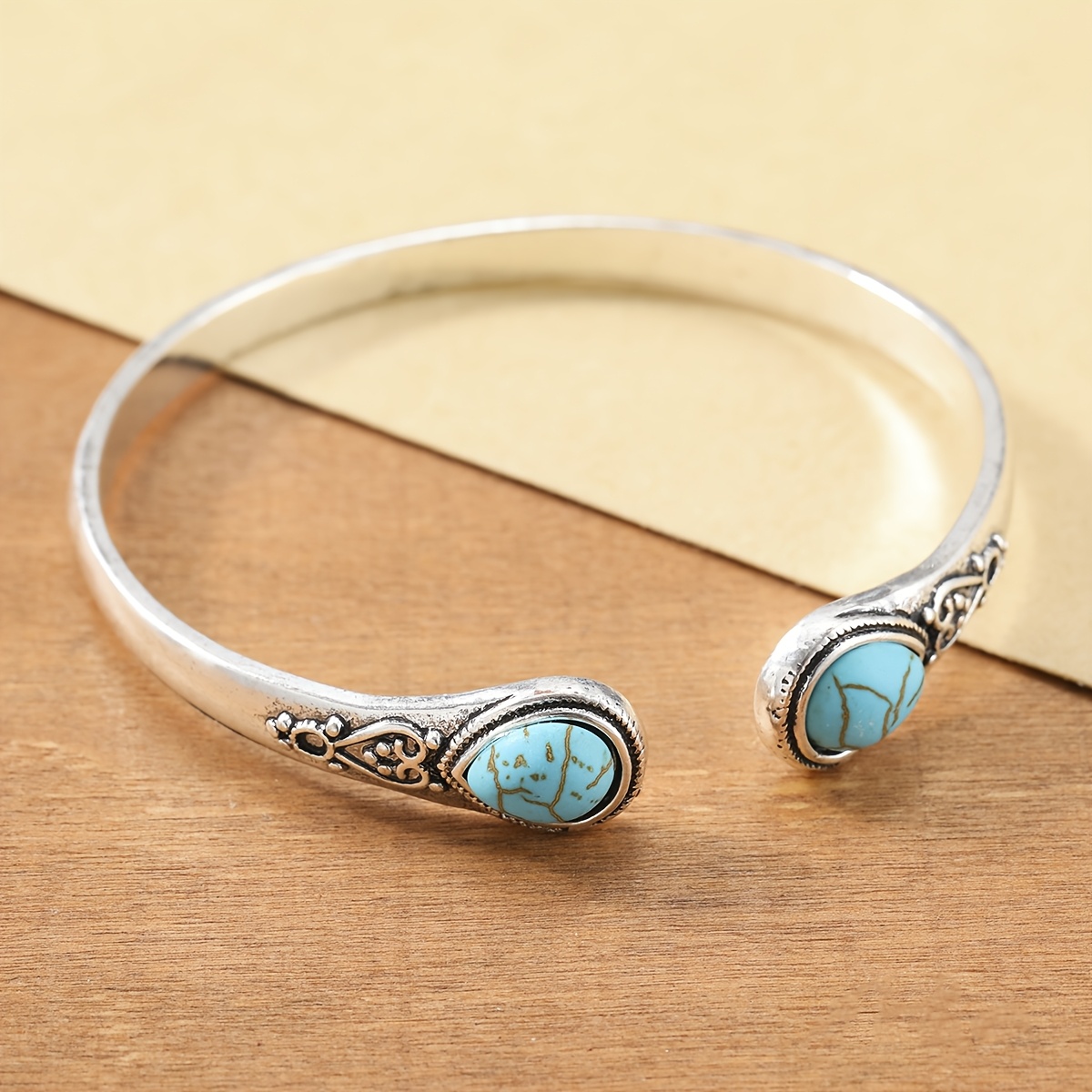 TEMU Retro Ethnic Bohemian Drop Green Synthetic Malachite Inlaid Open Bangle Embellished Distressed Carved Details Bangle Daily Commute Vacation