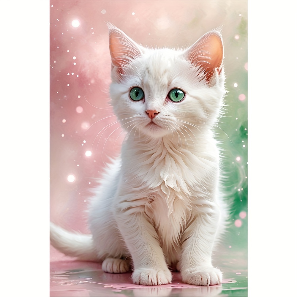 

5d Diy Diamond Painting Kit - Fluffy White Cat, Round Acrylic Diamonds, Animal Theme Wall Art & Craft Set For Home Decor, Full Drill Arts And Crafts Gift