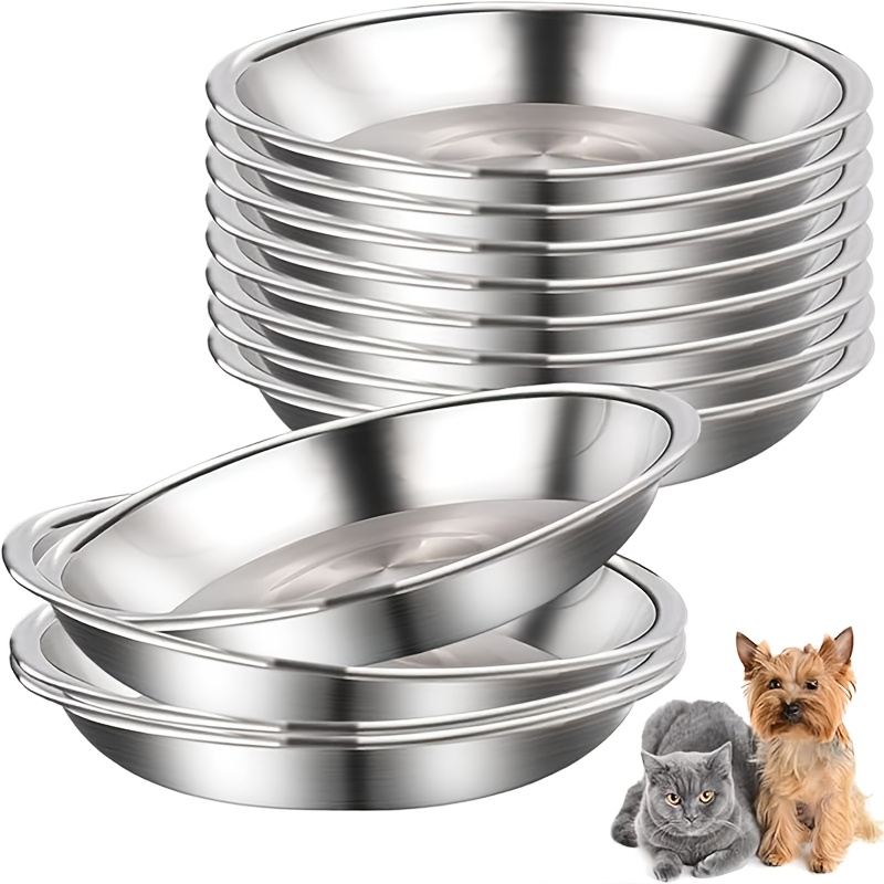 E-shop 12er-Set Katzenfressnäpfe aus Edelstahl, flache Metall- und Wassernäpfe für kleine Hunde und Katzen, Silber