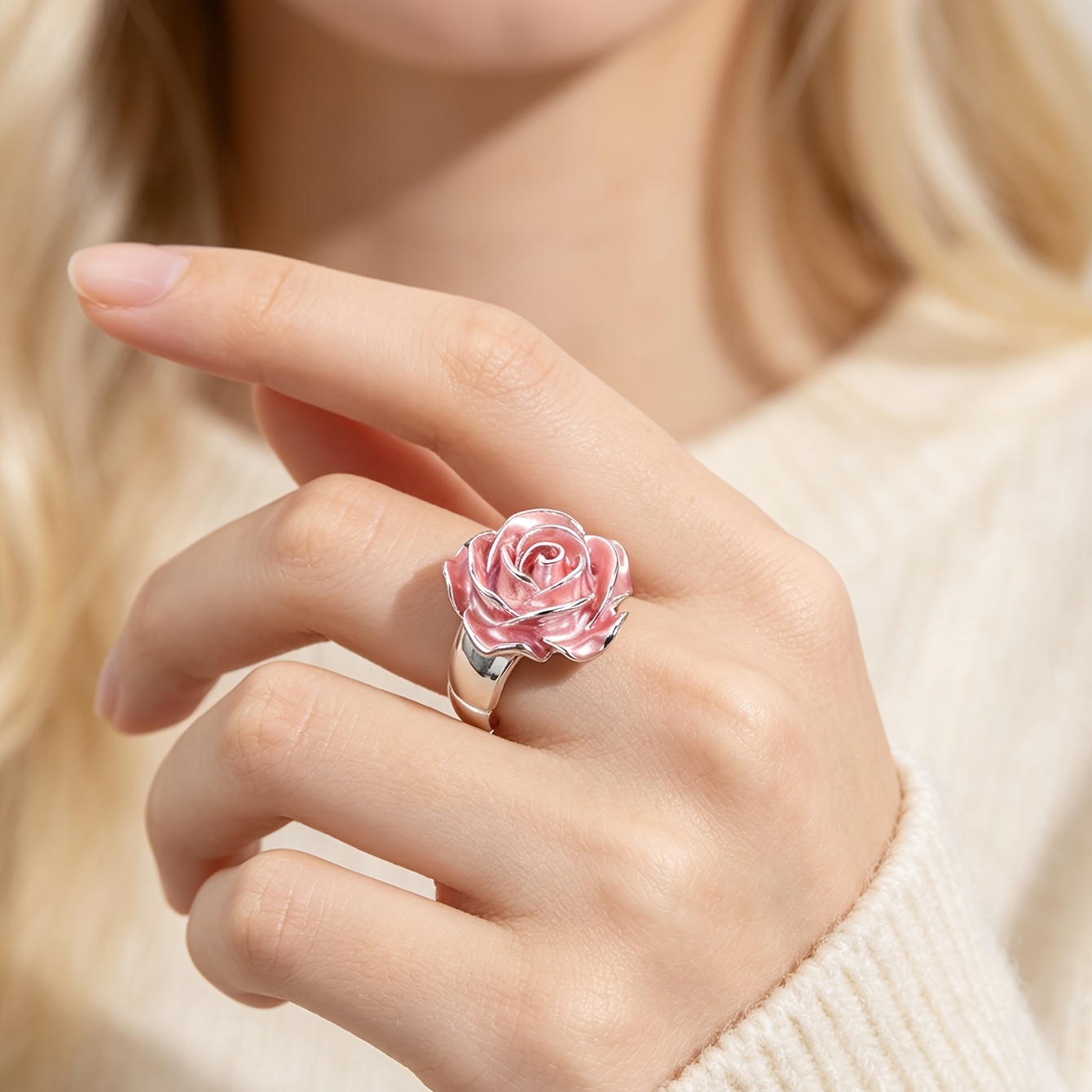 Women's 2pcs Vintage 3D Enamel Rose Flower Statement Ring Set