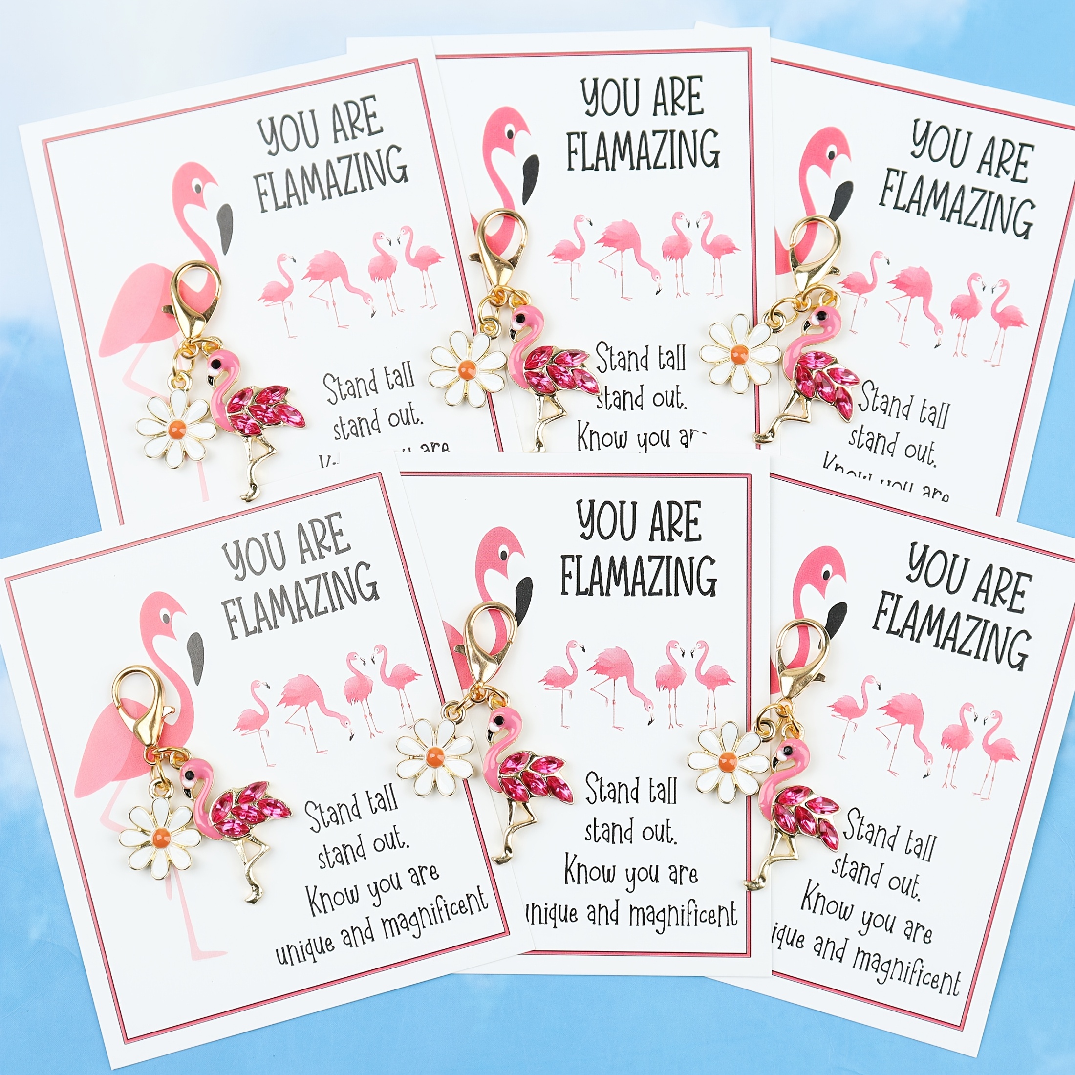 E-shop 3er-Set/6er-Set Strass-Flamingo-Gänseblümchen-Schlüsselanhänger mit "DU BIST FLAMAZIERND" Bestätigungskarte - Niedlicher Glitzernder Charm,