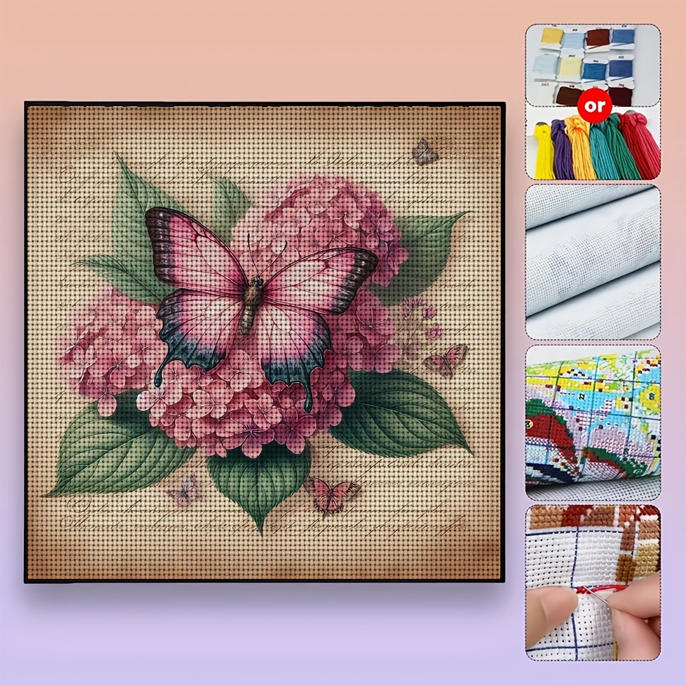 Cross Stitch Printed Kit, Frameless, Retro Paper Pink Flowers with Butterflies Pattern