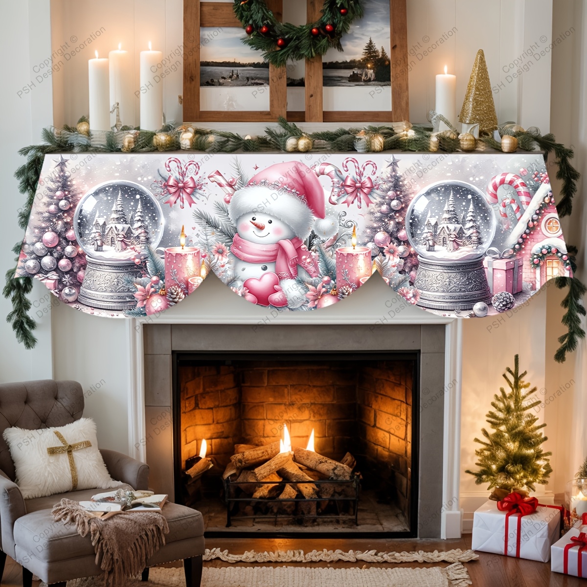 TEMU 1pc Thème de Noël, Style Rose, Écharpe de cheminée avec motif de sapin de Noël et de de neige chaud, Décoration de cheminée, Fournitures de fête
