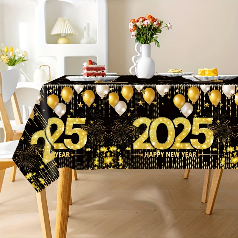 

1pc, 2025 Happy New Year Tablecloth, 51"x87", Black & Golden , Disposable Plastic, Machine-made, New Year's Party Dining Decor, Home Kitchen Party Supplies