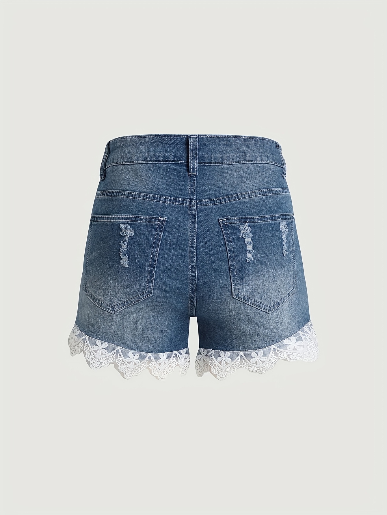womens distressed denim shorts frayed hem white lace trim Temu