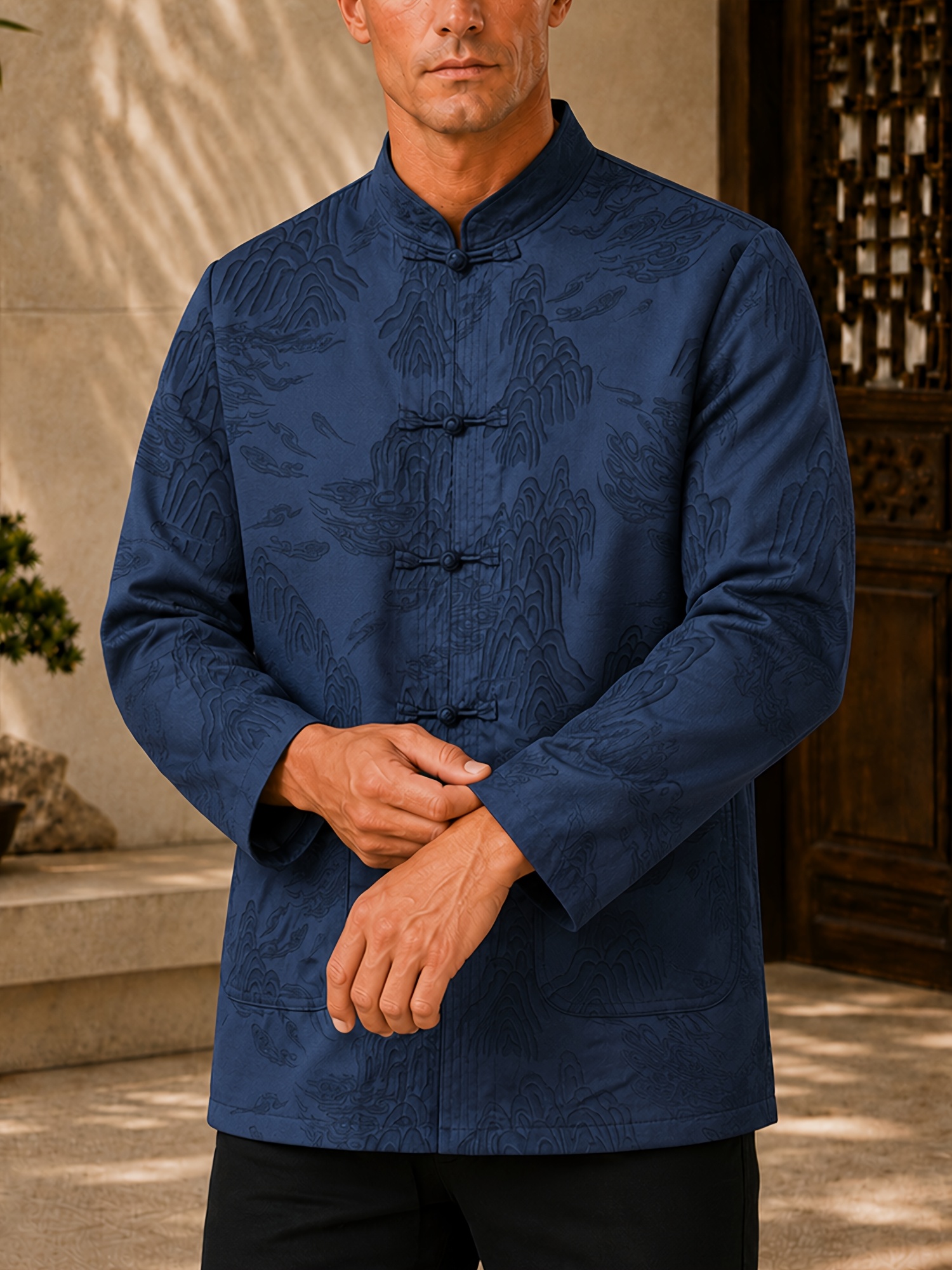   obm random print spring autumn new arrival mens traditional tang suit top new chinese style chinese inspired landscape embroidery jacquard   collar button up long sleeve shirt mens casual fashion shirt jacket with side pockets