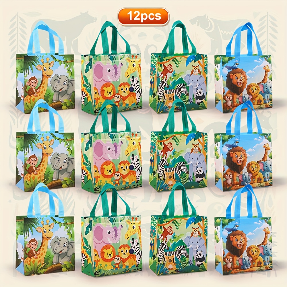 TEMU Jungle Animals Party Favor Bags Gift Bags With Handles Zoo Animals Print Gift Bags Tote Non Woved Bags Bouquet Bags For Wedding Birthday Jungle
