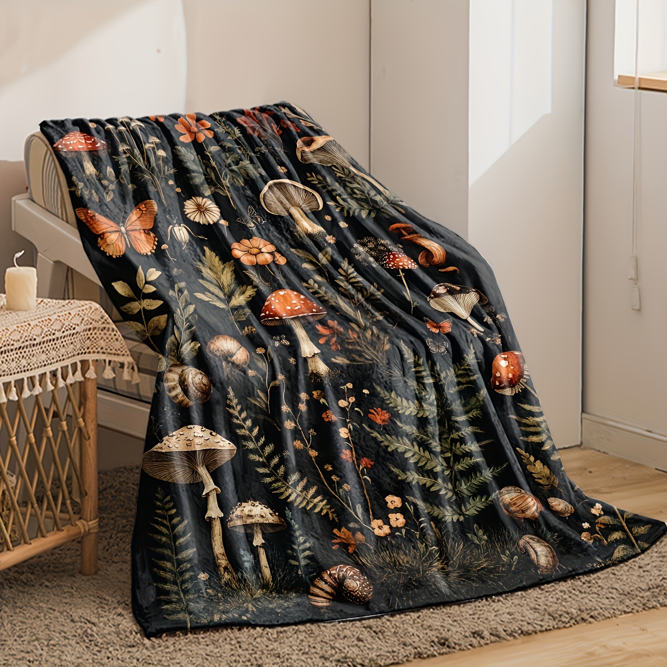 1pc Flannel Blanket Featuring A Mushroom Plant Guide, Soft And Warm Cozy Throw For Sofa And Offices, Small Cover Blanket, Nap Blanket, Halloween And Christmas Gift