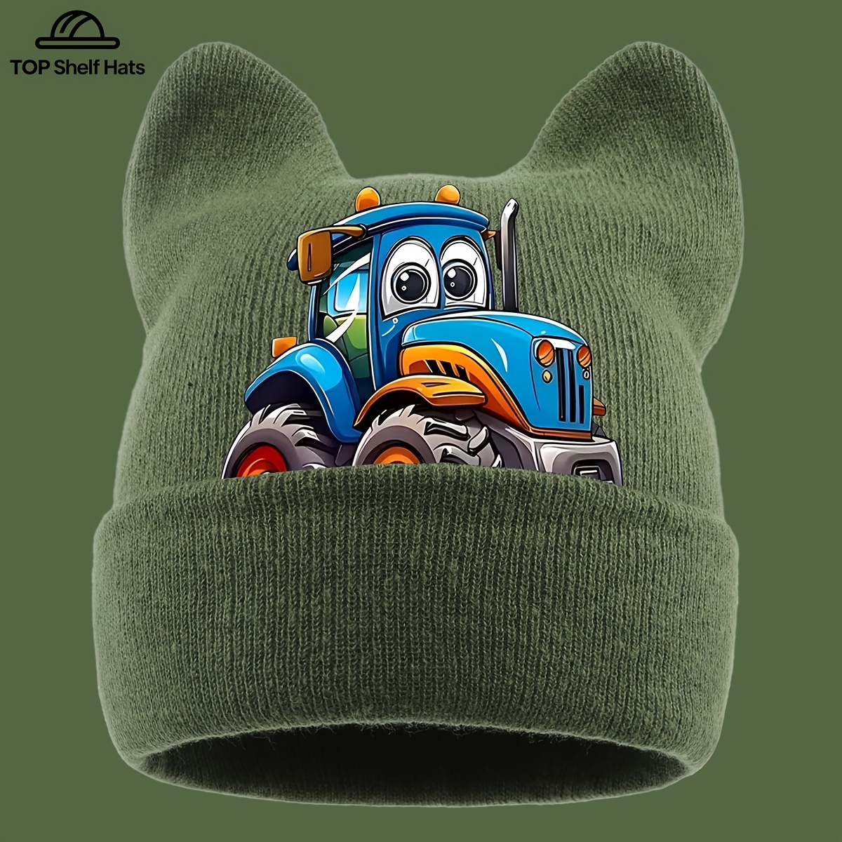 TEMU 1pc Chapeau d'oreille avec motif de tracteur bleu de dessin , Chapeau chaud et amusant avec motif de véhicule de construction pour hommes et