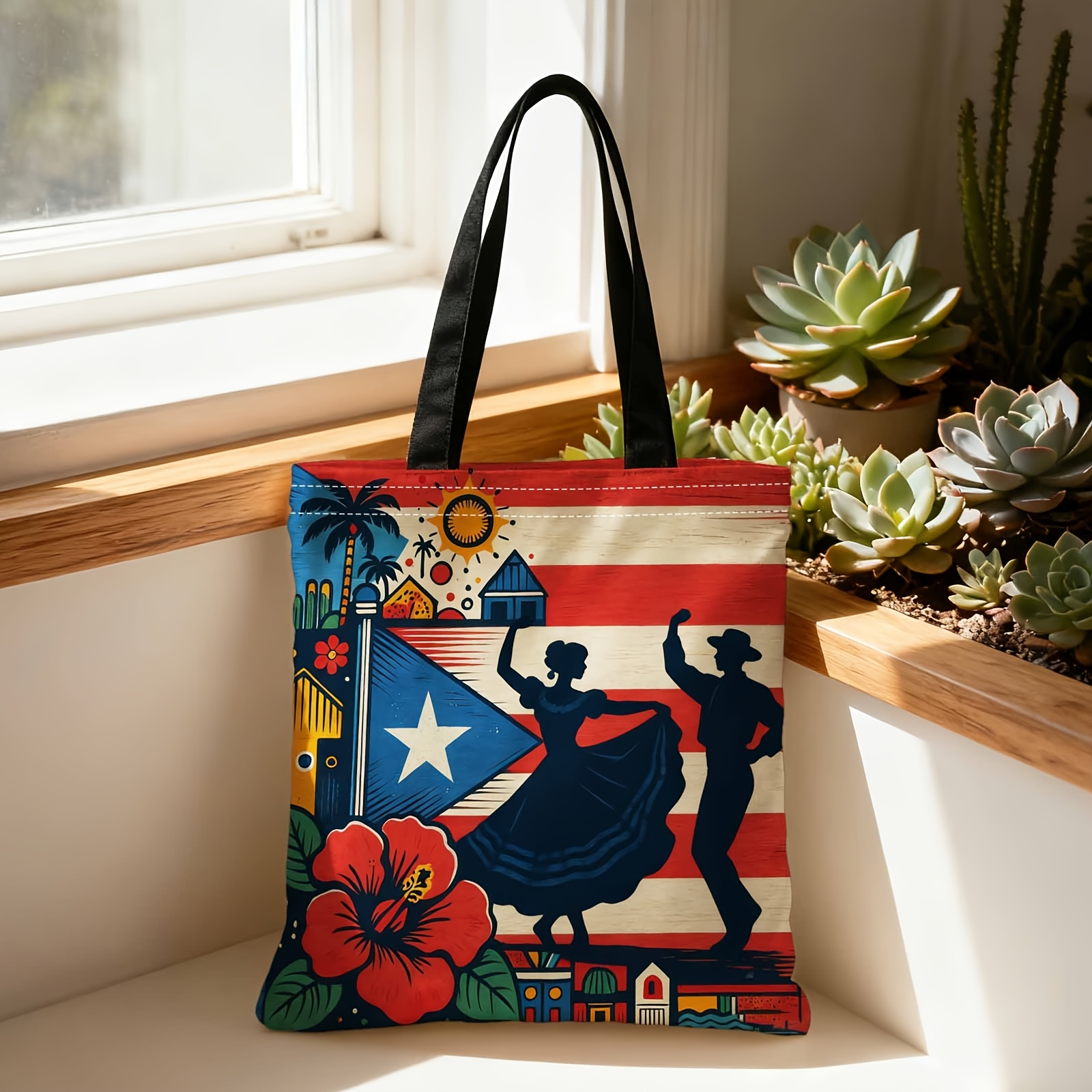 TEMU 1pc Shopping Tote Bag, Portable One-shoulder Crossbody Tote Bag, Double-sided Printed Pattern With Cultural Elements, Puerto Rican Theme,