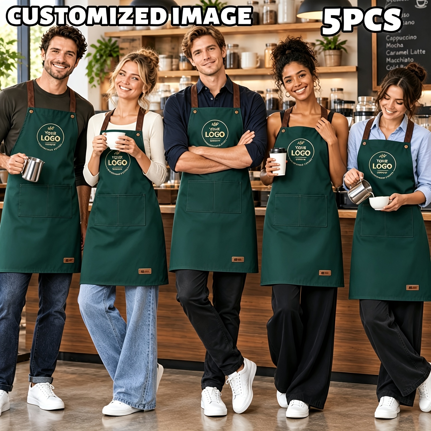 TEMU Juego de 5 delantales de chef personalizados con foto, delantales ajustables con cintura elástica personalizados, adecuados para delantales de