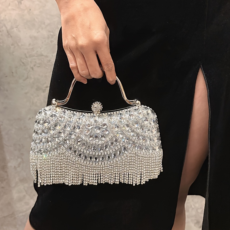 TEMU New European And American Rhinestone Evening Bag With Tassel And Banquet Bag, Niche Exquisite Fashion Evening Dress Handbag