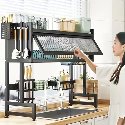 expandable black kitchen organizer rack with drain board 21 6 41 3 adjustable height dust smoke proof non slip pads cabinet door storage for bowls plates utensils kitchen organizers and storage
