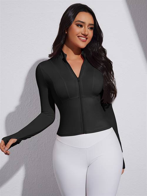 womens high elastic sport jacket sleeve zip up round neck machine washable solid color athletic jacket for outdoor workouts casual wear workout jacket gym clothing sporty look breathable material women
