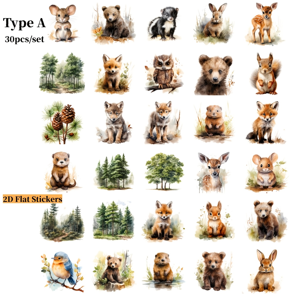 30pcs/set Creative Handmade Retro Forest Animal Fox Mouse Wolf Rabbit Stickers 2d Stickers Suitable For Garbage Diary Notebook Decoration Gift Stickers