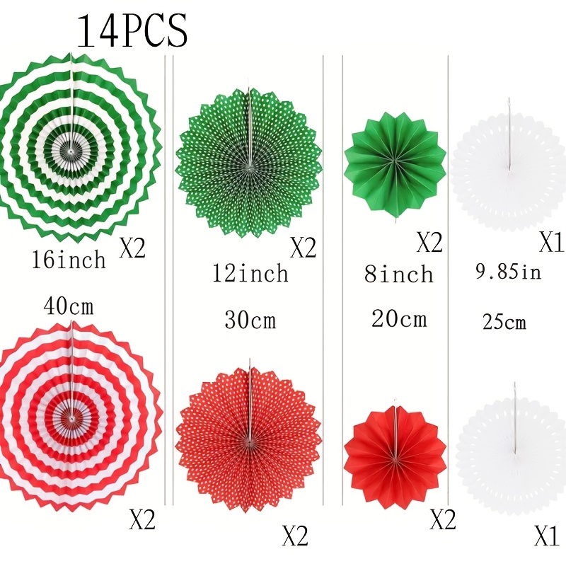 TEMU 14pcs Christmas Decorations Paper Fans Flowers, Christmas Tree Santa Claus Party, With Red, Green, White, Wedding Ceiling Hanging Decorations,