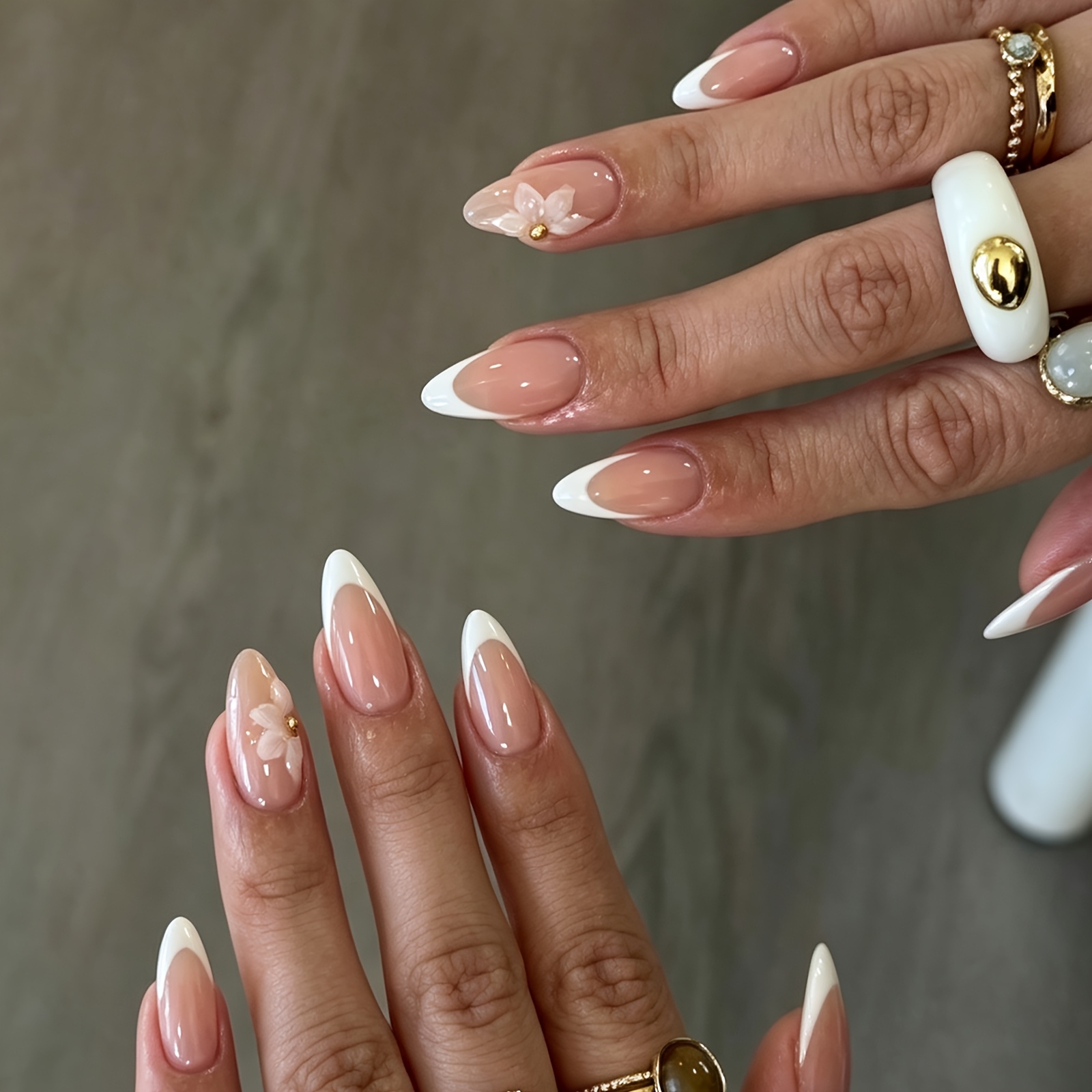 TEMU 24pcs Y2k Flowers Press-on Nails Medium Almond Fake Nails Acrylic Full Cover Surface Glossy Gel Nails Reusable With 3d & Rhinestone Elegant