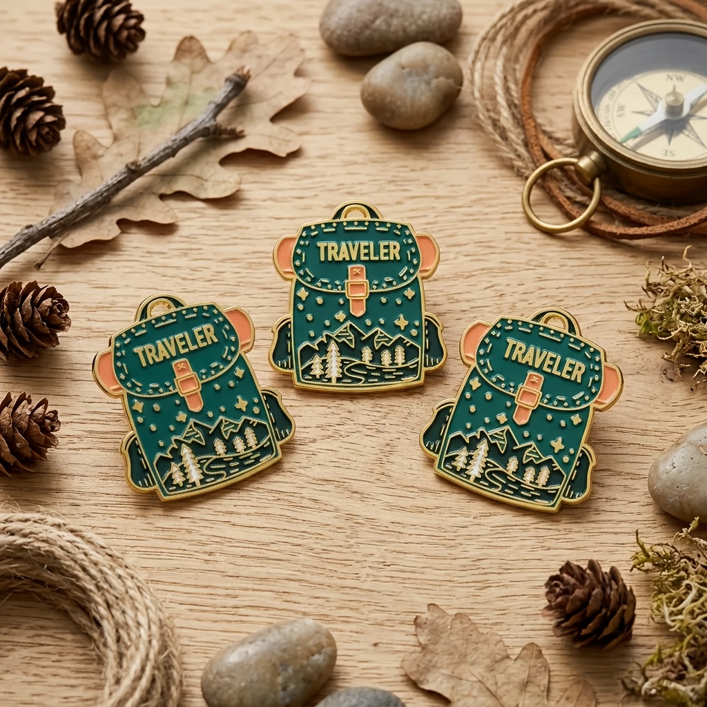 TEMU 3pcs Vintage Color Travel Backpack Brooch, Mountain And Forest Pattern Hard Enamel Badge, Versatile Pin Accessory, Perfect For Backpacks, Cute