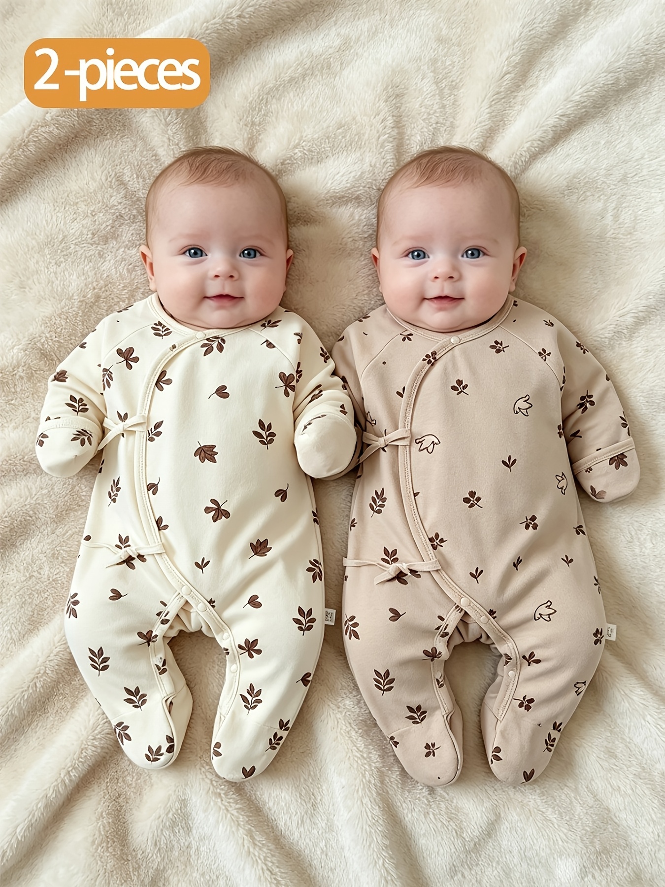 2pcs Baby Jumpsuit Set with Leaf and Bird Pattern