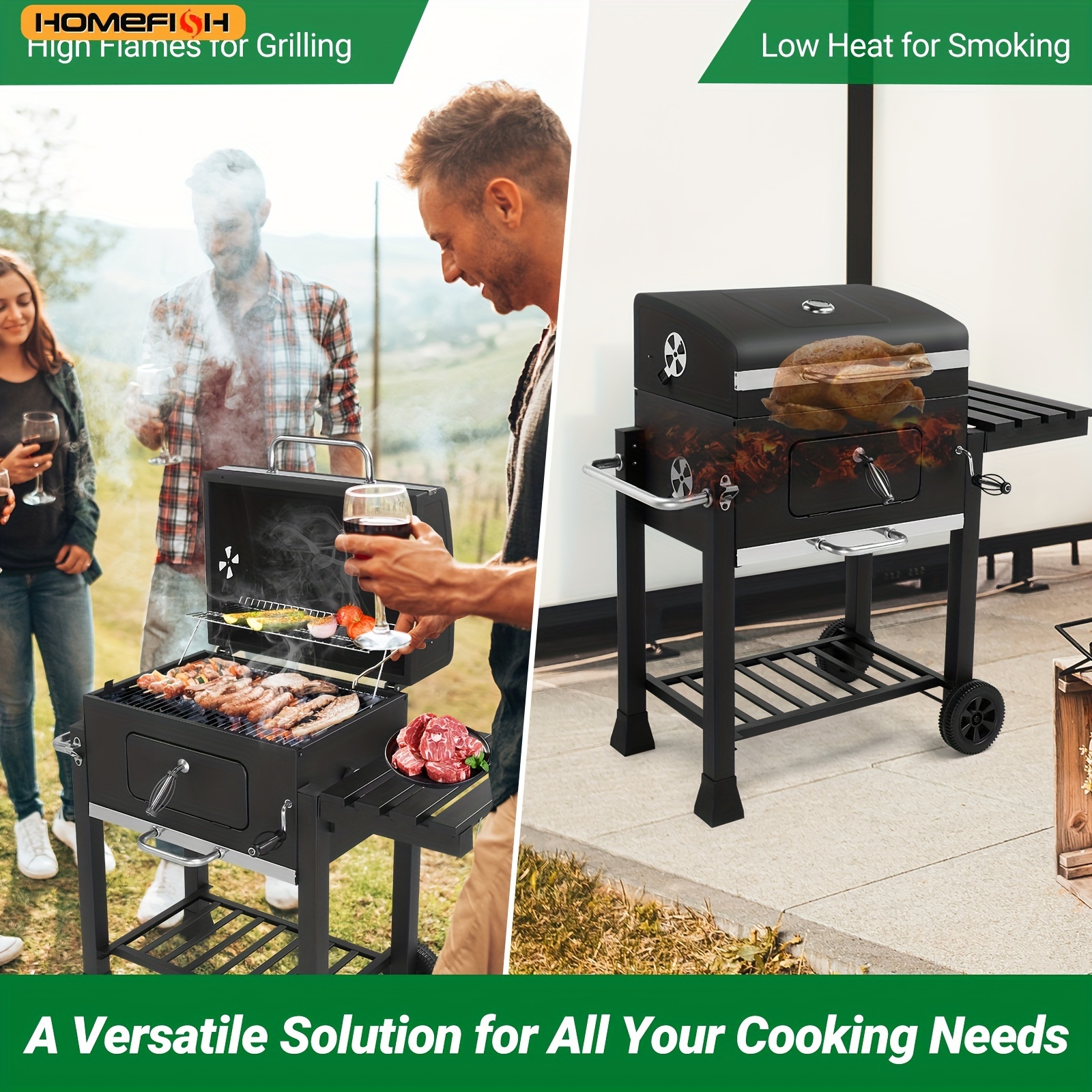 Giantex 24\" Charcoal Grill – Adjustable Tray, Foldable Tables, Thermometer & Wheels For Backyard BBQ & Grilling