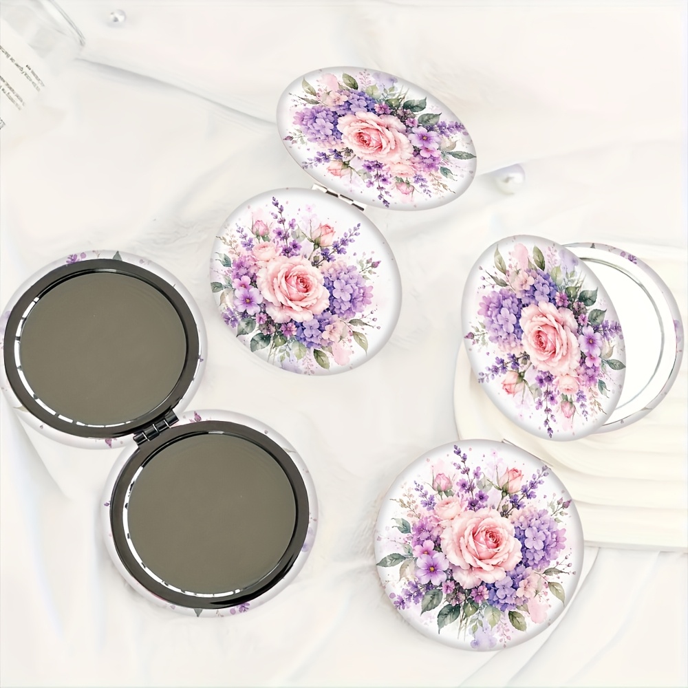 Watercolor Floral Round Mirror, Double-Sided & Portable