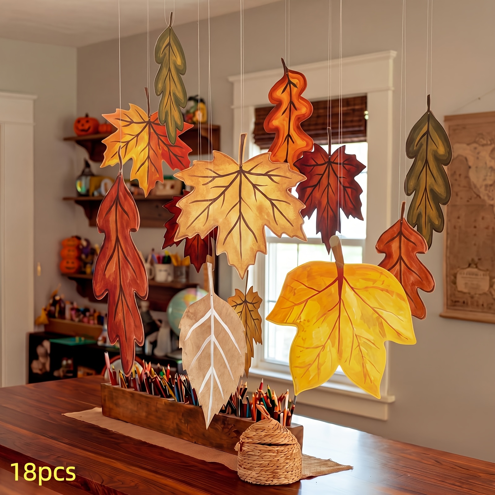 TEMU 6/12/18pcs Grandes Décorations de Guirlande de Feuilles d'Érable d'Automne, Kit de Guirlande Suspendue de Double Face avec Crochets, Ornement de