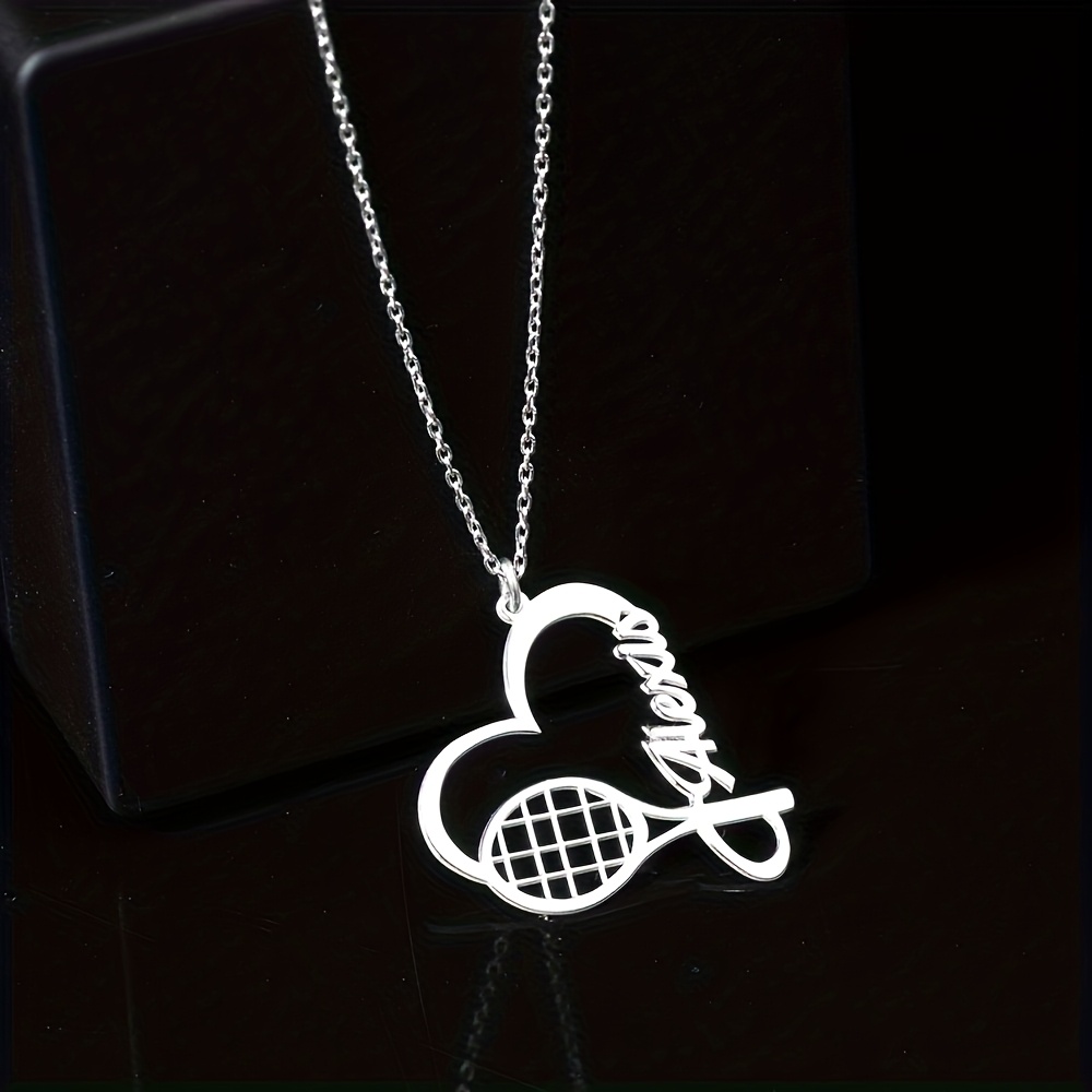 TEMU Personalized Women's Exquisite Heart-shaped Tennis Racket Name Necklace, 18k Plated, Customizable English Name, Bohemian Style, Perfect Gift For