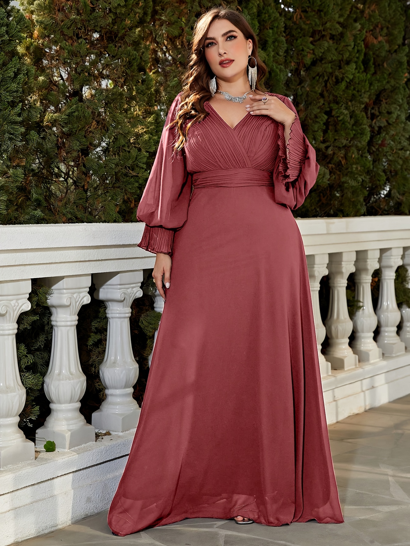 plus size deep v neck long sleeve chiffon evening dress - Temu United Arab  Emirates