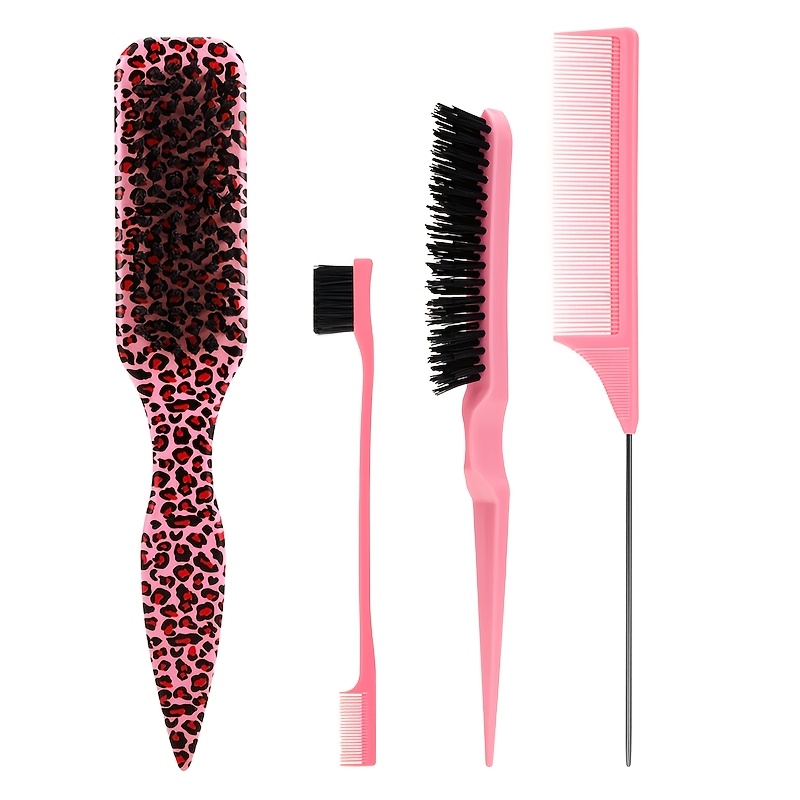 TEMU 4pcs Pointed Tail Hairbrush Set, Comb, Nylon Bristles, Suitable For All Hair Types, Abs Handle, Ideal For Salons And Home Use, Leopard Print,