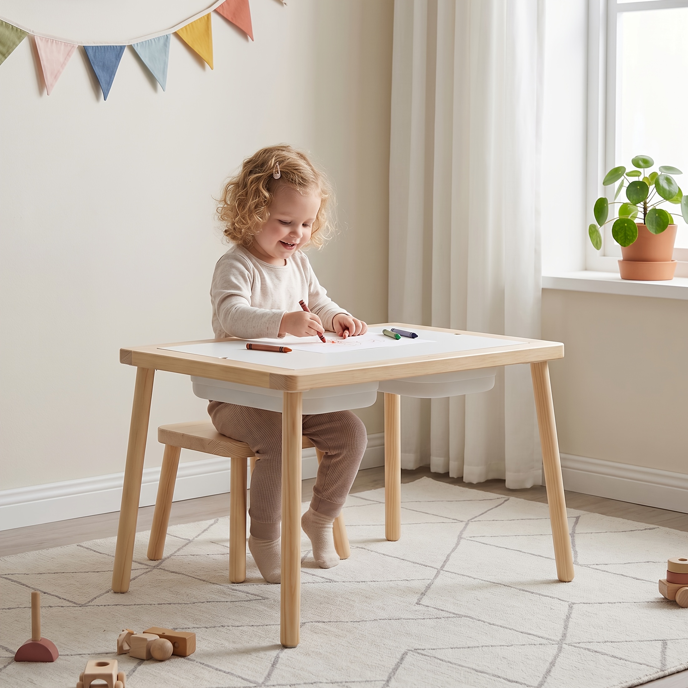 Kids Sensory Table with 3 Storage Bins, Solid Pine Wood Activity Table, Double-Sided Drawing & Play Surface, Sand And Water Play Table for Toddlers, Indoor Outdoor Learning & Craft Table