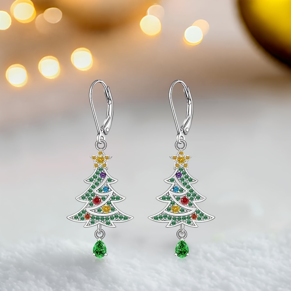 Image of Luxurious Hoop Earrings Shaped Like A Christmas Tree, With Vibrant Synthetic Synthetic Zircon​​, Perfect For Women To Wear During Casual , Parties, Or Vacations, Making A Gift, Without Battery