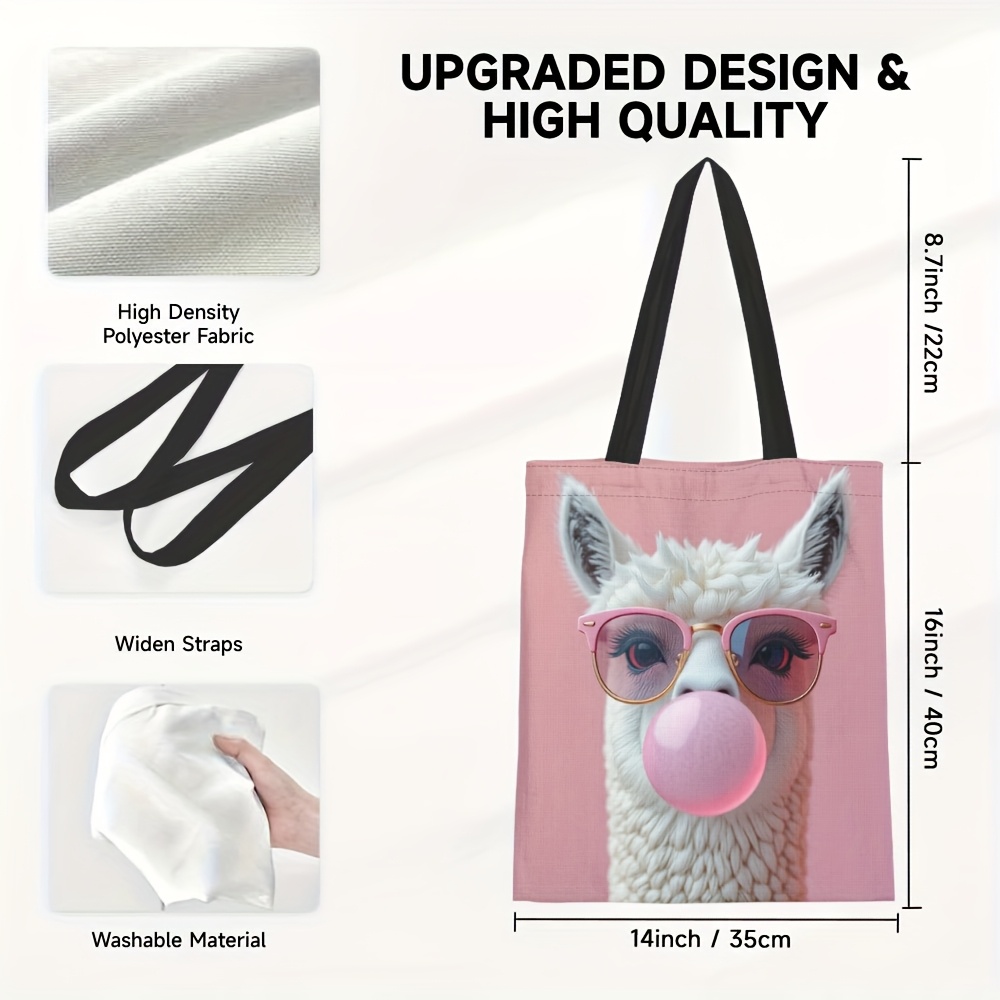 TEMU 1pc Chic Alpaca Bubble Gum Canvas Tote Bag – Lightweight & Trendy Shoulder Bag With Large Capacity, Travel, Shopping, And Daily Use, Features A