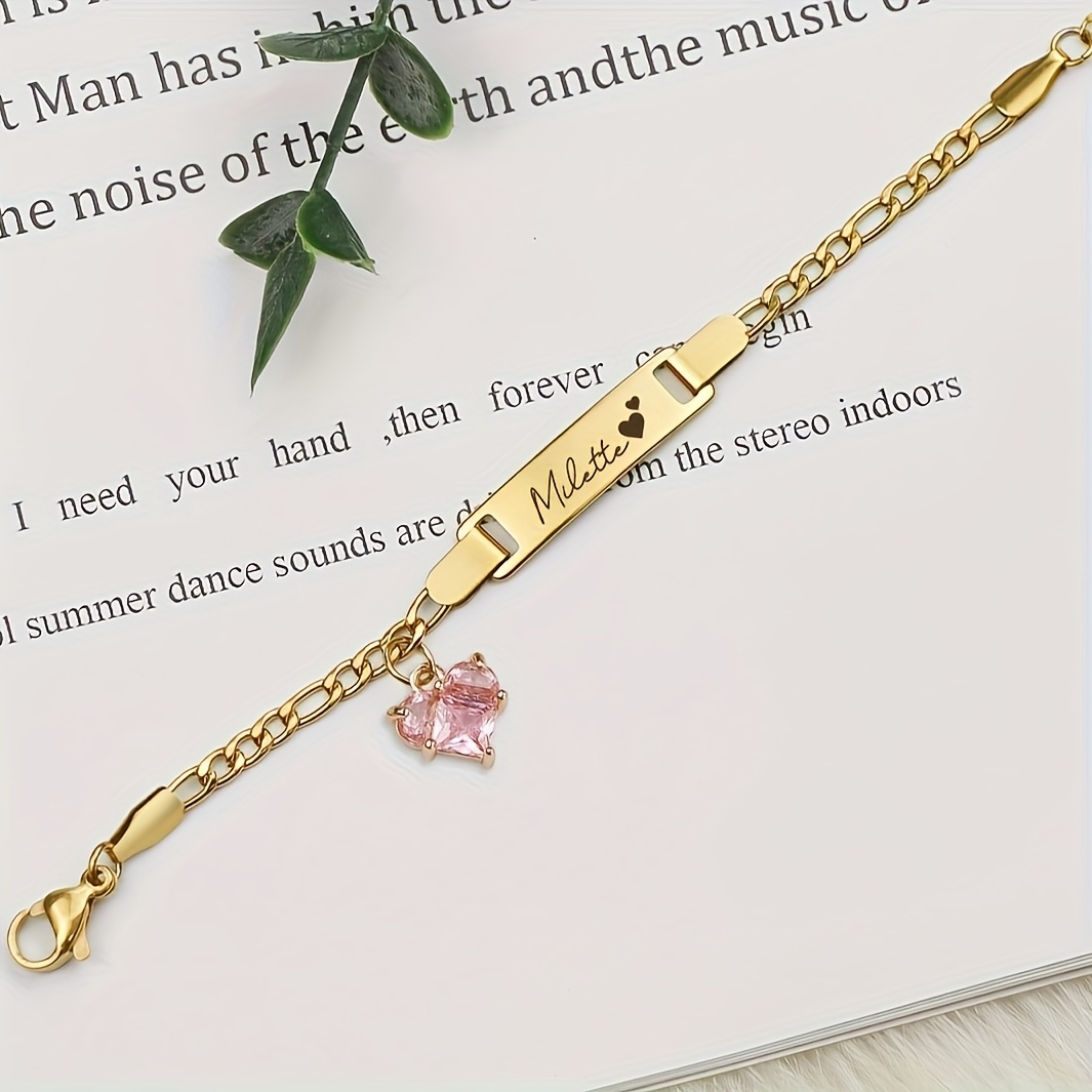 TEMU Custom Name Heart Charm Bracelet With Pink Synthetic Gemstone & - Personalized Gift For Birthdays, Anniversaries, Valentine's Day - Unisex