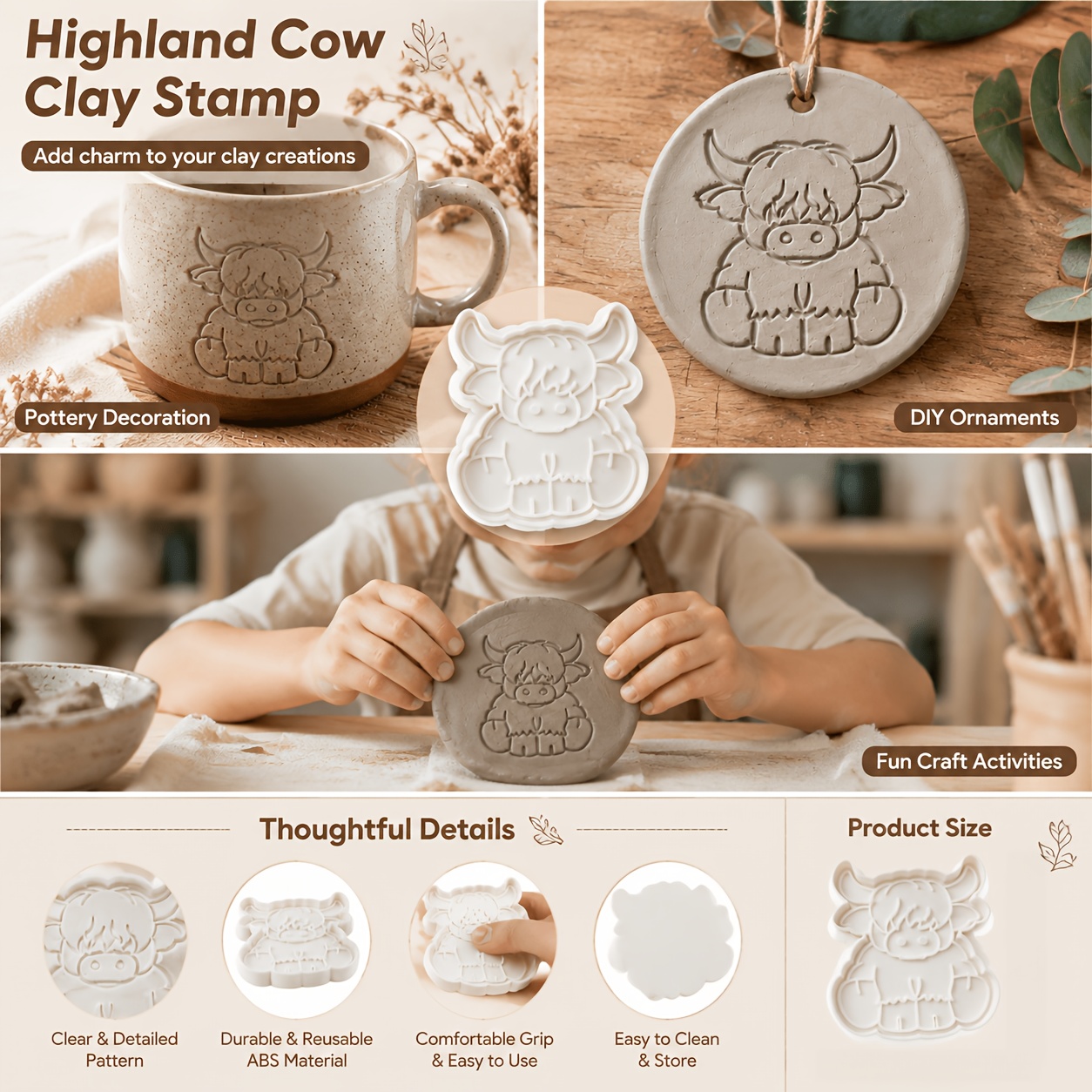 TEMU Moule en de vache Highland - Outil de presse à estamper en plastique DIY avec vache écossaise adapté à la pâte polymère, la poterie, l'artisanat