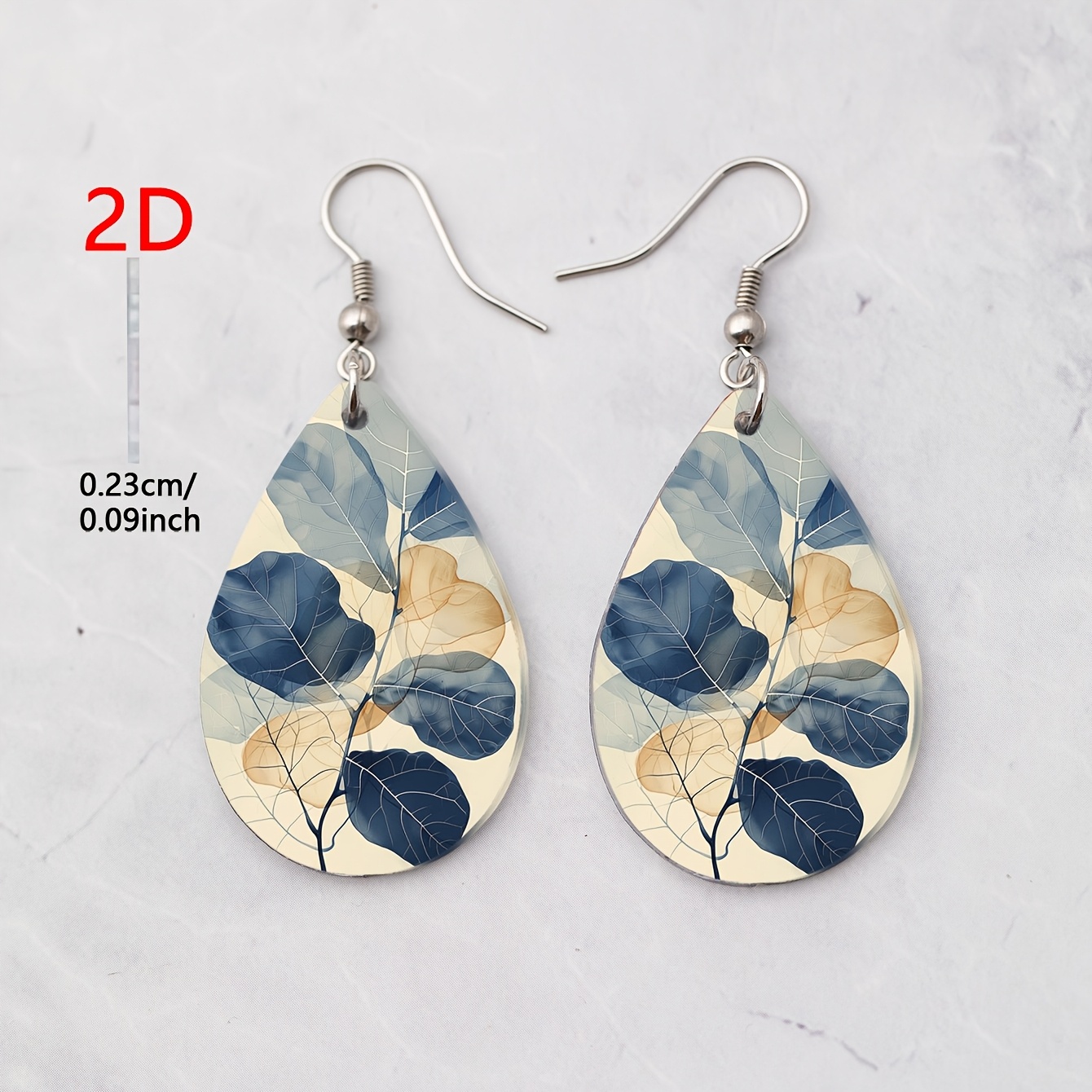 Beige Base Blue-Brown Sheer Leaf Pattern Teardrop Earrings